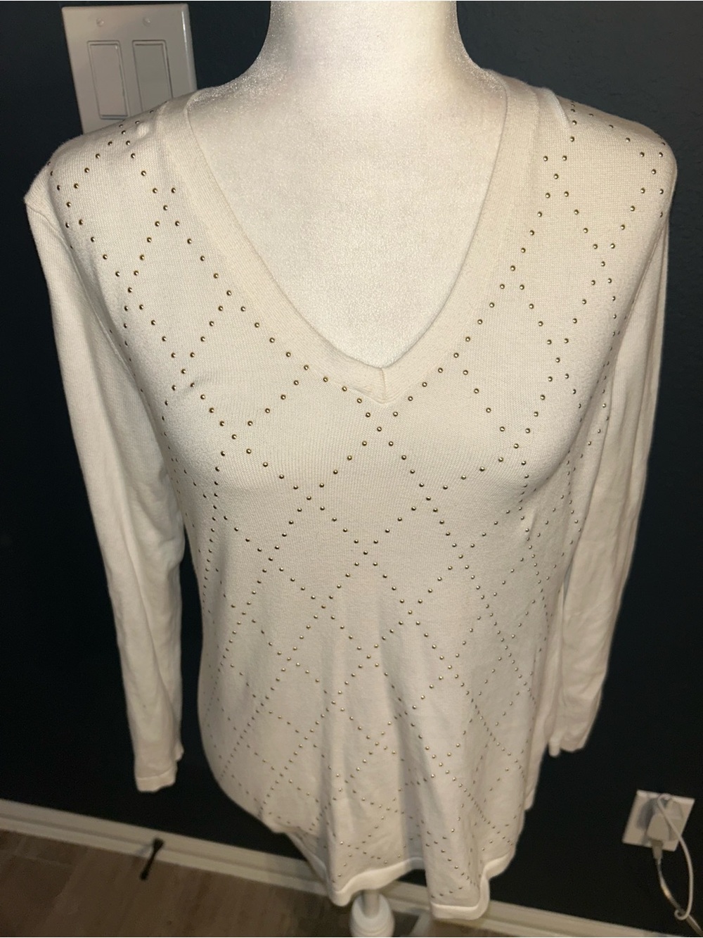 Studded White V-Neck Sweater
